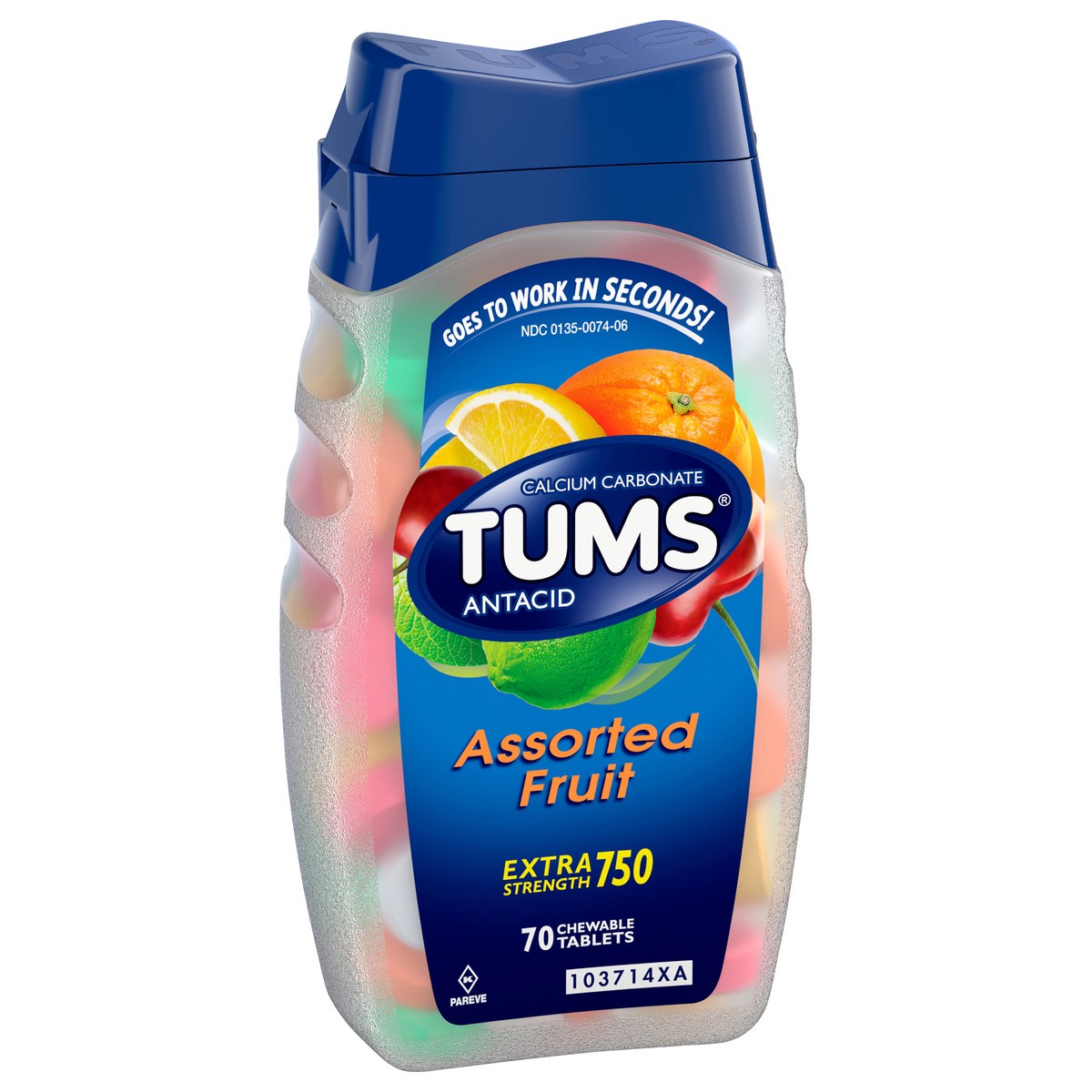 slide 4 of 13, TUMS Chewable Antacid Tablets for Extra Strength Heartburn Relief, Assorted Fruit Flavors - 70 Count, 70 ct