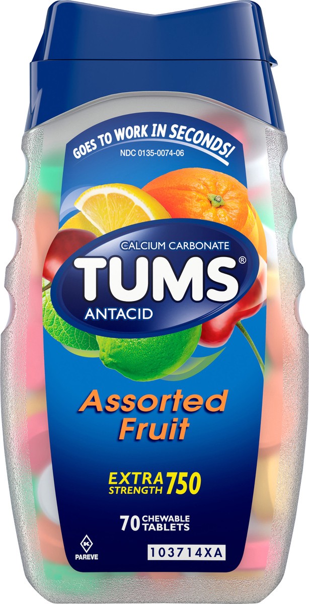 slide 8 of 13, TUMS Chewable Antacid Tablets for Extra Strength Heartburn Relief, Assorted Fruit Flavors - 70 Count, 70 ct