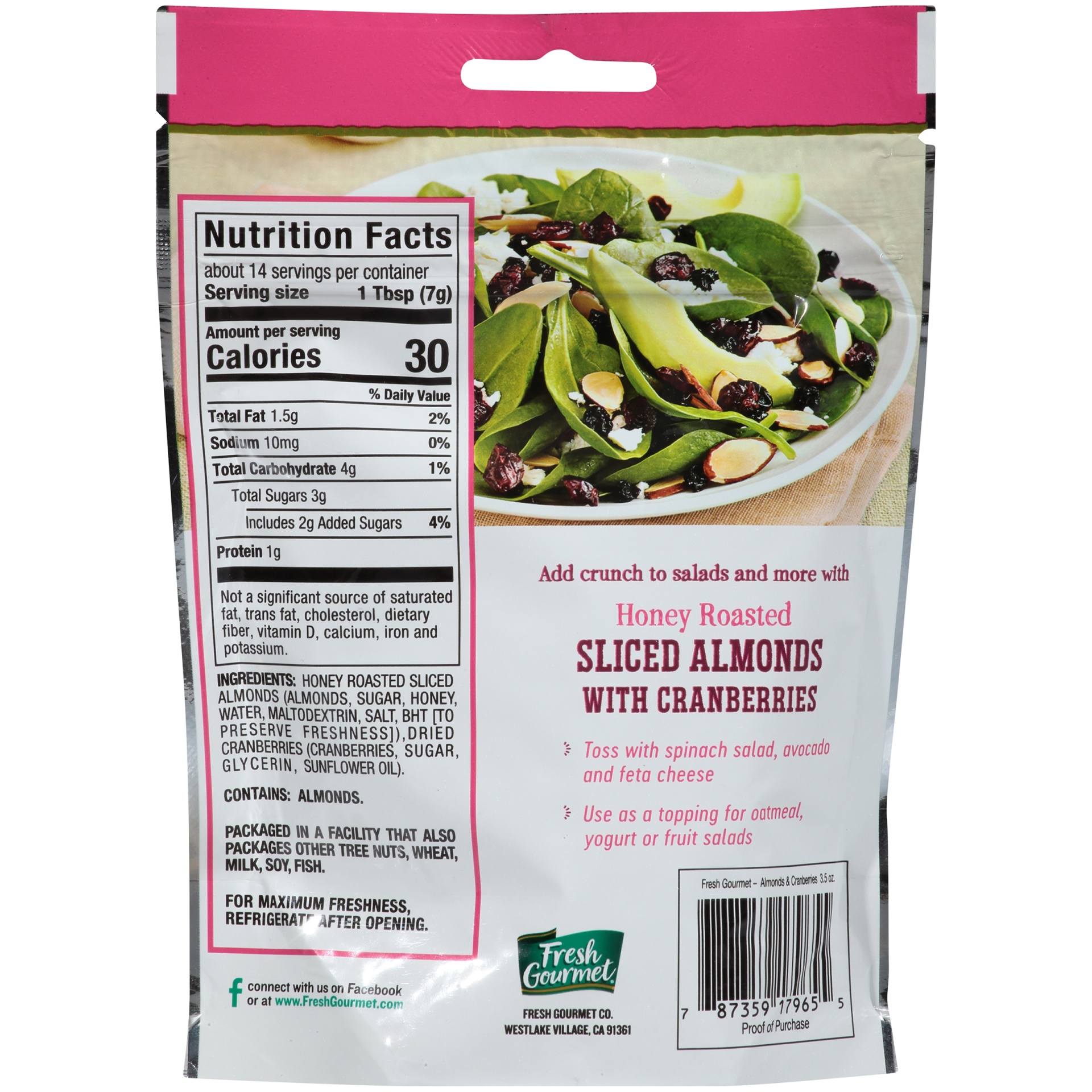 slide 4 of 6, Fresh Gourmet Honey Roasted Sliced Almonds With Cranberries, 3.5 oz