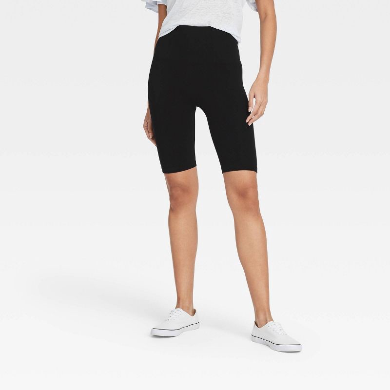 slide 1 of 2, Women's High-Waist Seamless 7" Inseam Bike Shorts - A New Day™ Black S/M: Midweight, Stretch Jersey, 1 ct