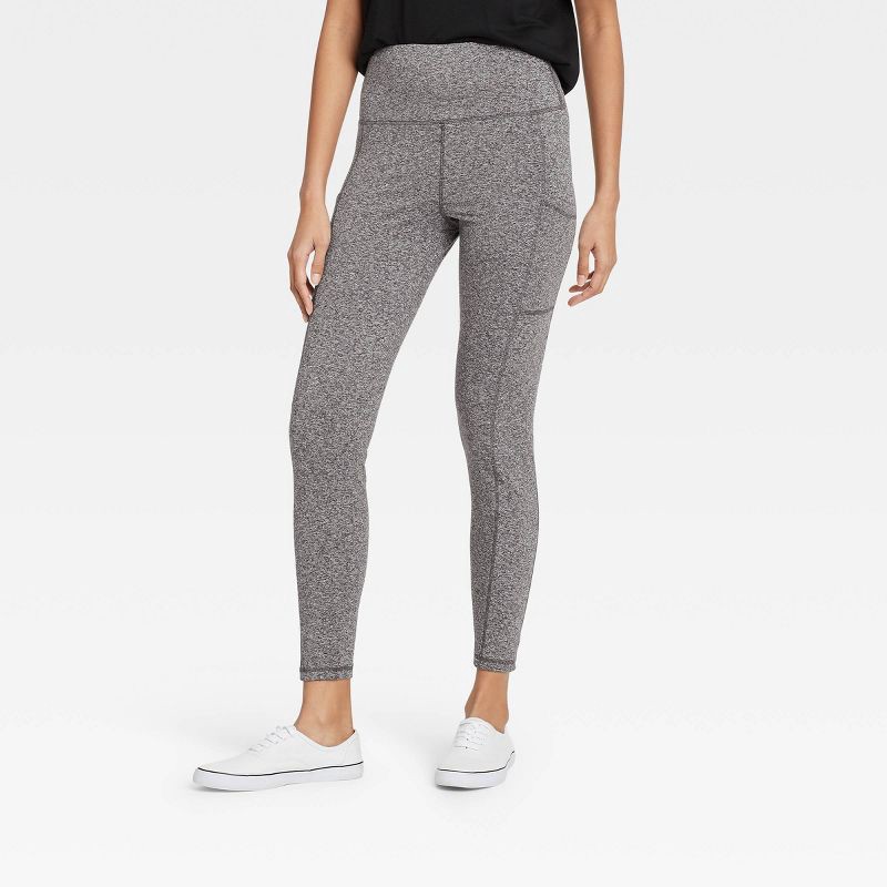 slide 1 of 3, Women's High Waisted Stash Pocket Leggings - A New Day™ Gray L: Polyester-Spandex Blend, Wide Waistband, Ankle Length, 1 ct