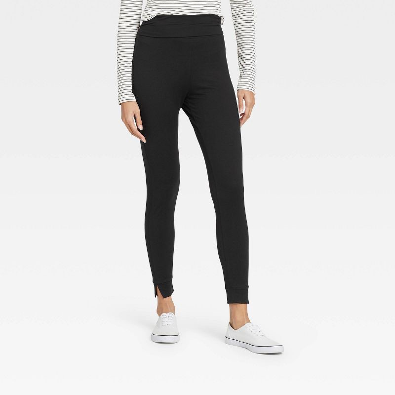 slide 1 of 1, Women's Brushed Leggings with Foldover Waistband and Split Hem Cuffs - A New Day Black L, 1 ct