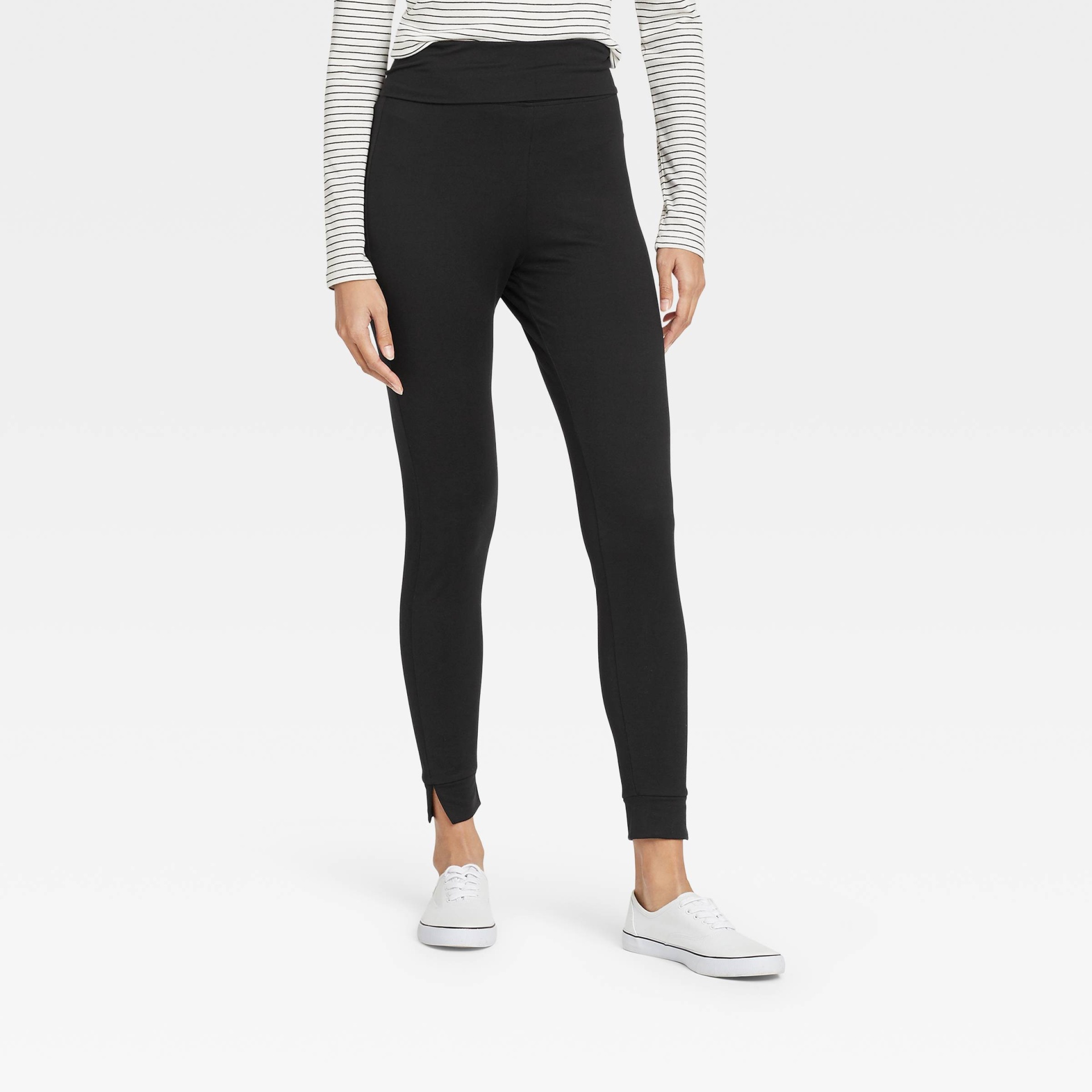slide 1 of 3, Women's Brushed Leggings with Foldover Waistband and Split Hem Cuffs - A New Day Black L, 1 ct