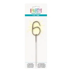 Number 6 Sparkler Flame Candle by Unique Industries: Gold Birthday Candle by Unique Industries, 7&quot; Wax Number Candle for Holidays