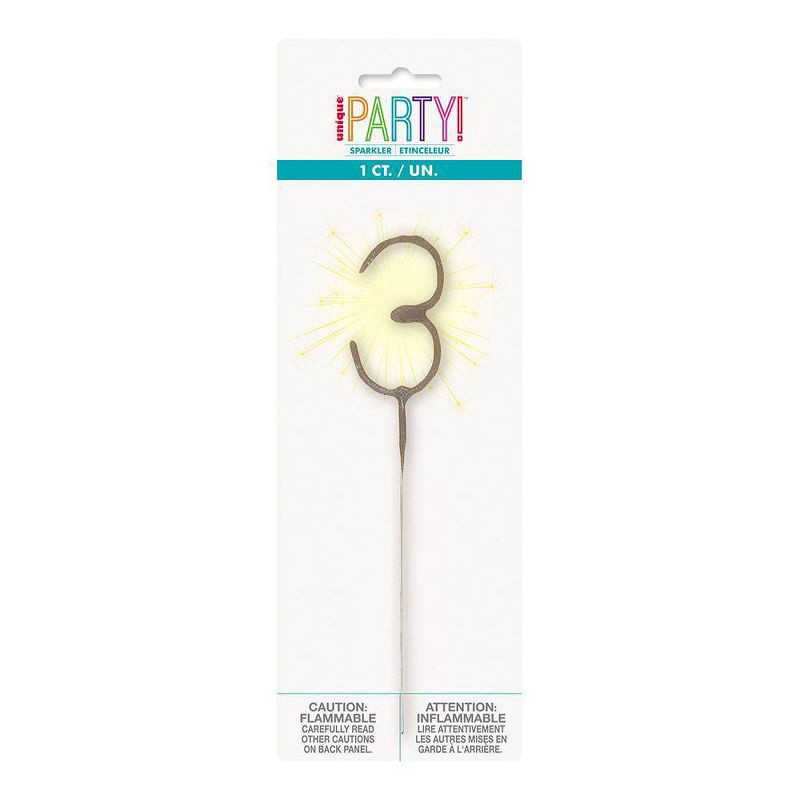 slide 1 of 3, Number 3 Sparkler Flame Candle by Unique Industries: Gold Birthday Candle by Unique Industries, 7" Wax, Holiday Theme, 1 ct