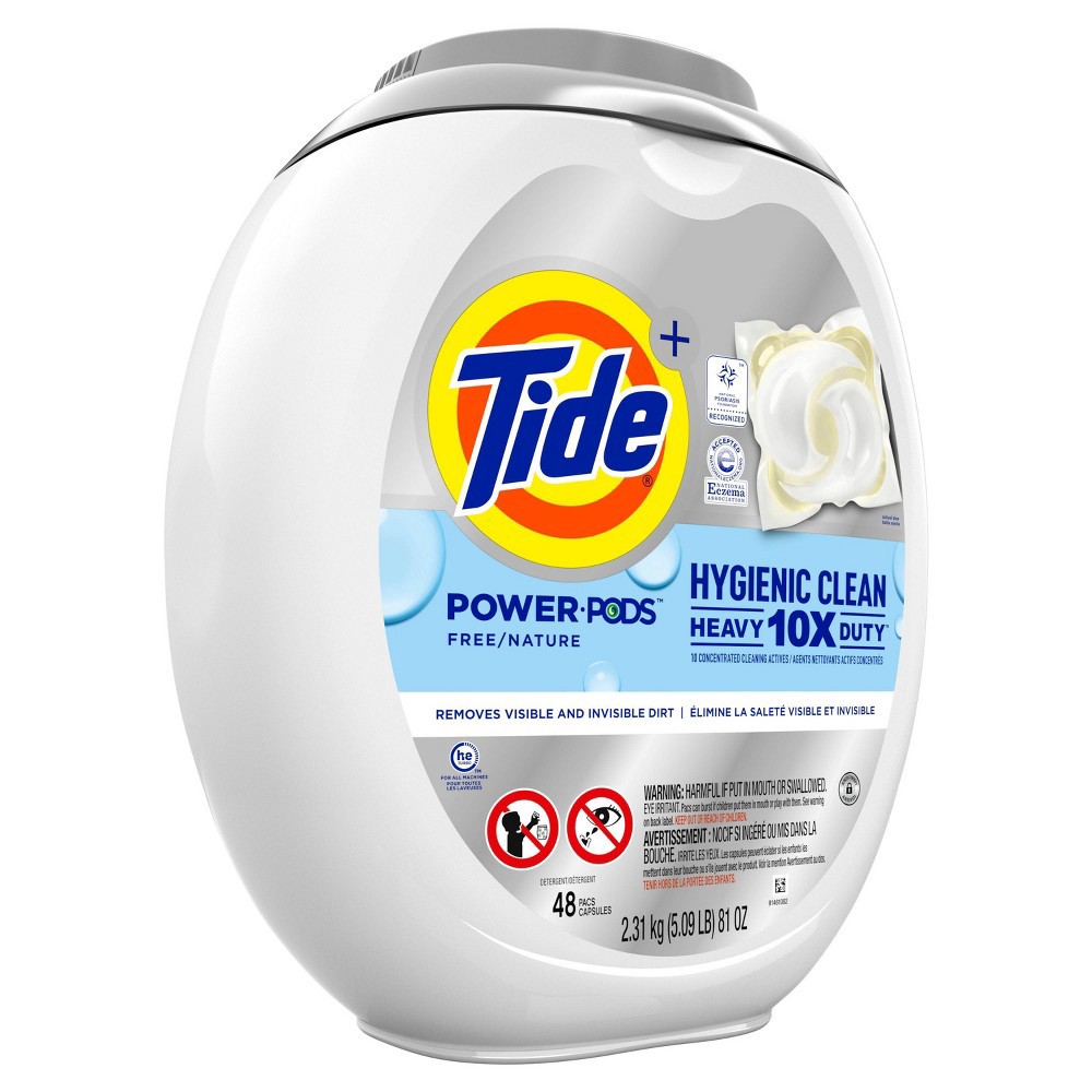 slide 7 of 8, Tide Power PODs Hygienic Clean Heavy Duty, Liquid Laundry Detergent Pacs, HE Compatible, 48 Count, Hypoallergenic, Free and Clear of Dyes and Perfumes, For Visible and Invisible Dirt, 48 ct