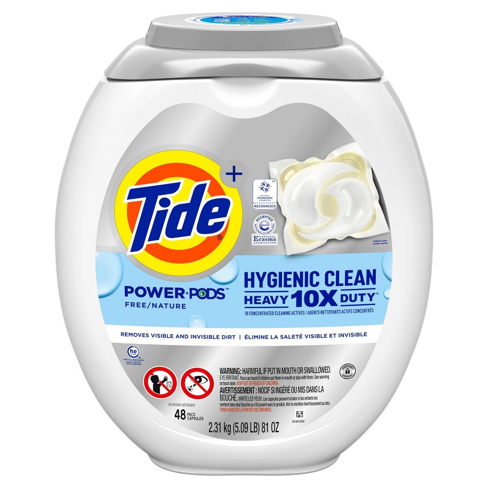 slide 6 of 8, Tide Power PODs Hygienic Clean Heavy Duty, Liquid Laundry Detergent Pacs, HE Compatible, 48 Count, Hypoallergenic, Free and Clear of Dyes and Perfumes, For Visible and Invisible Dirt, 48 ct