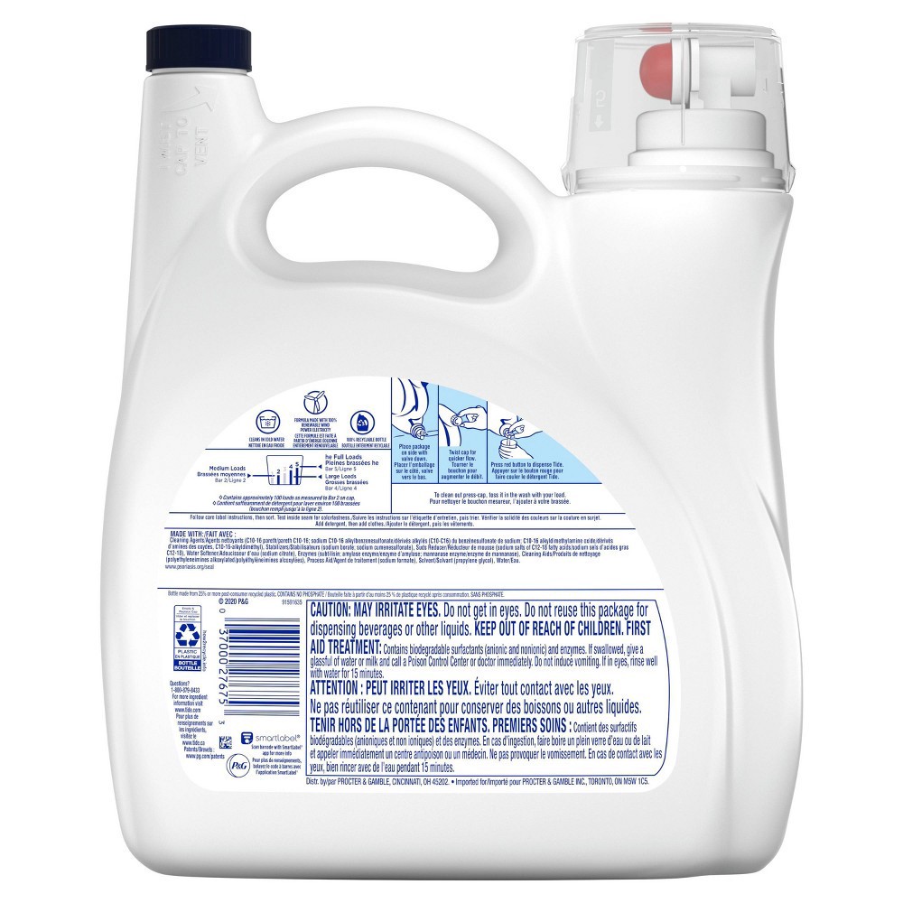 slide 5 of 6, Tide Hygienic Clean Heavy Duty 10x Free Liquid Laundry Detergent, Unscented, 100 load,s 154 oz, HE Compatible, 154 fl oz