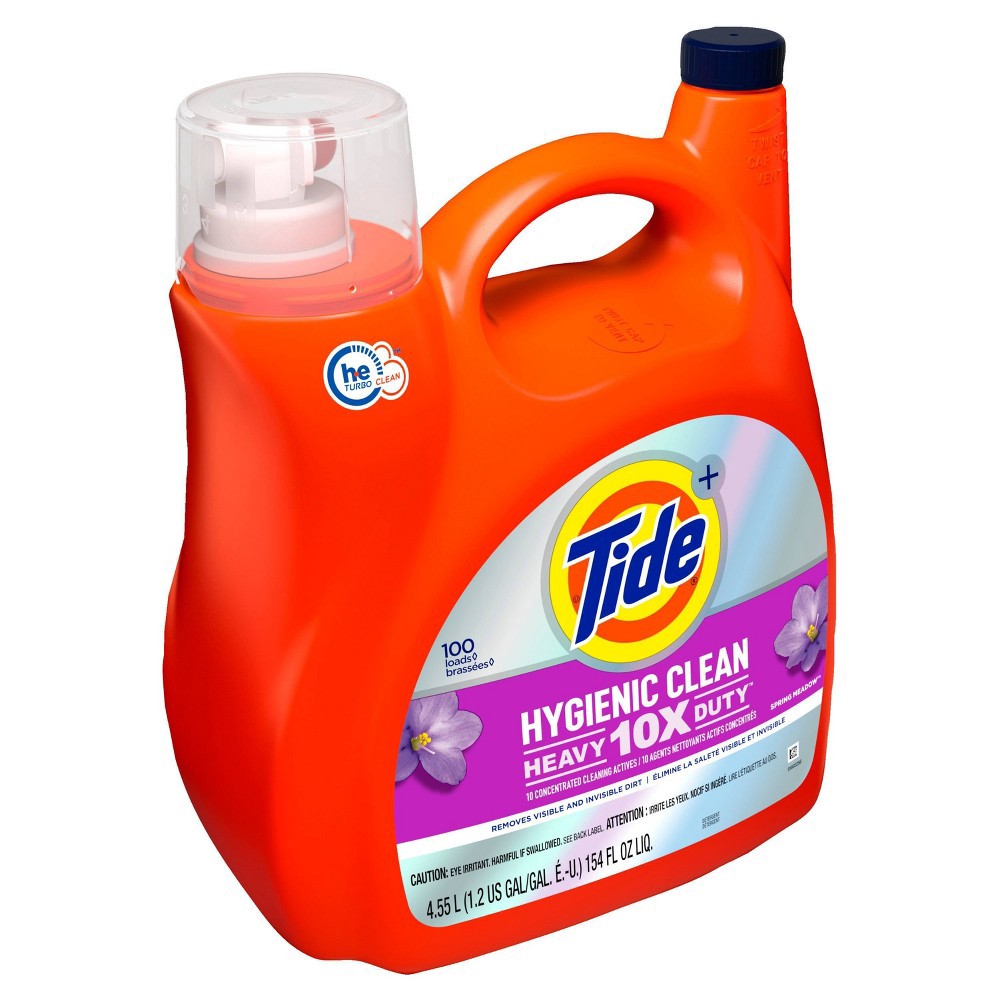 slide 10 of 10, Tide Hygienic Clean Heavy 10x Duty Liquid Laundry Detergent, Spring Meadow, 100 Loads, 154 fl oz, HE Compatible, 154 fl oz