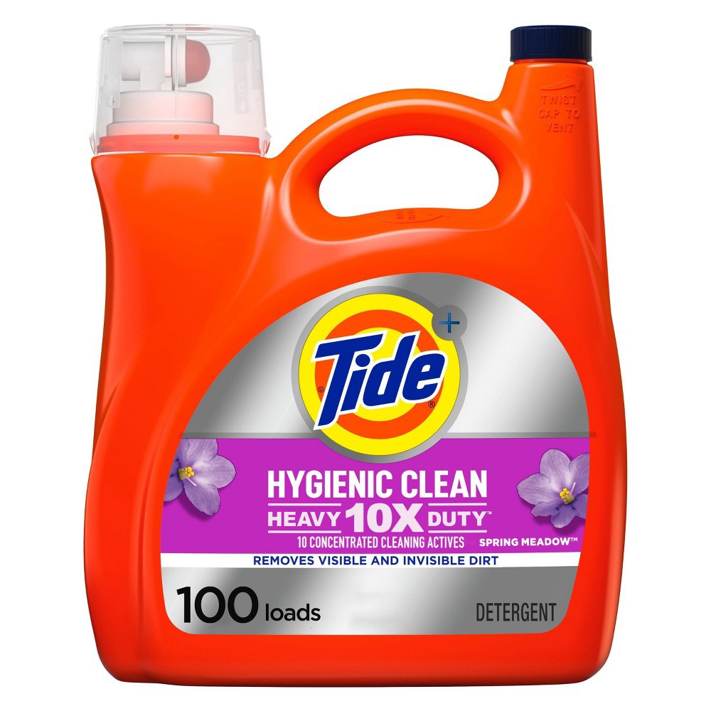 slide 6 of 10, Tide Hygienic Clean Heavy 10x Duty Liquid Laundry Detergent, Spring Meadow, 100 Loads, 154 fl oz, HE Compatible, 154 fl oz