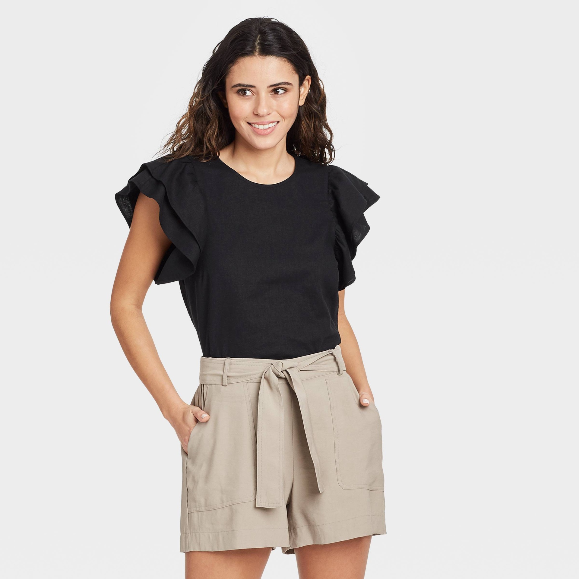slide 1 of 3, Women's Ruffle Short Sleeve Linen Top - A New Day Black XS, 1 ct