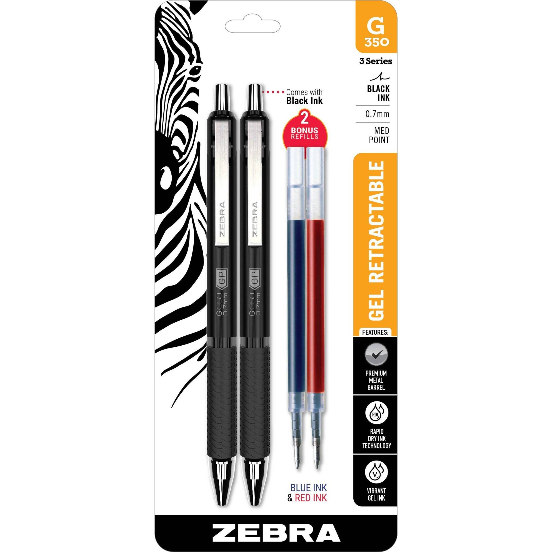 slide 1 of 3, Ballpoint Pens G-350 Gel Black Barrel Black Ink - Zebra, 2 ct