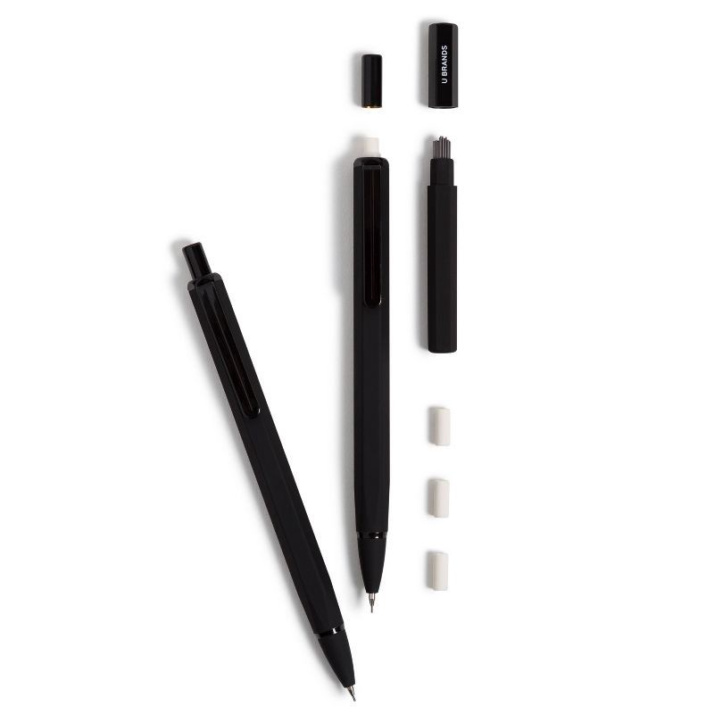 slide 5 of 6, U Brands 2pk Mechanical Pencils Starter Kit Soft Touch Black: Metal, 0.7mm, Stationery, Satin Finish, Ages 14+, 2 ct