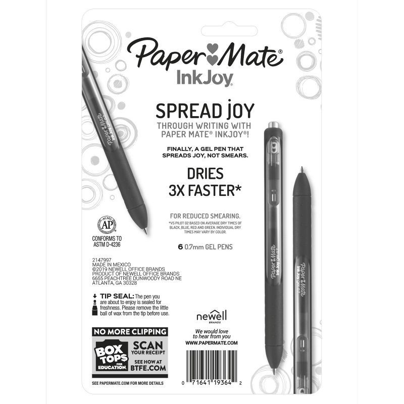 slide 6 of 6, Paper Mate Ink Joy 6pk Gel Pens 0.7mm Medium Tip Assorted Colors: Retractable, Quick Drying, Rubber Grip, Multicolored Ink, 6 ct