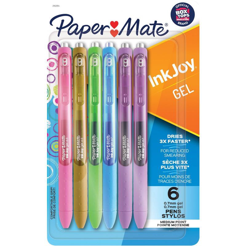 slide 1 of 6, Paper Mate Ink Joy 6pk Gel Pens 0.7mm Medium Tip Assorted Colors: Retractable, Quick Drying, Rubber Grip, Multicolored Ink, 6 ct