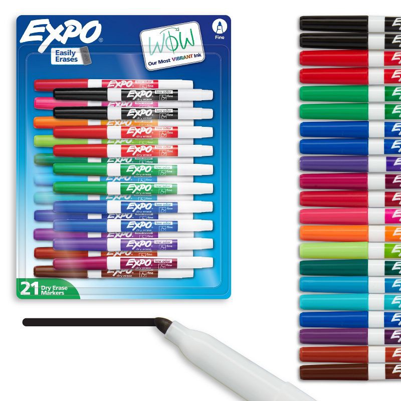 slide 1 of 7, Expo 21pk Dry Erase Markers Fine Tip Multicolored: Whiteboard & Thin Markers for Dry Erase Board, Art & Office Use, 21 ct