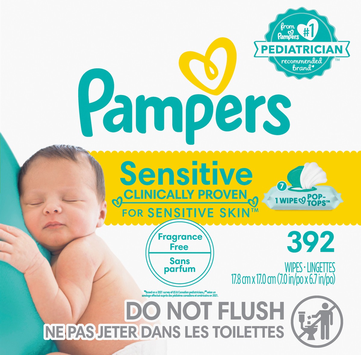 slide 4 of 4, Pampers Baby Wipes Sensitive Perfume Free 7X Pop-Top Packs 392 Count, 392 ct