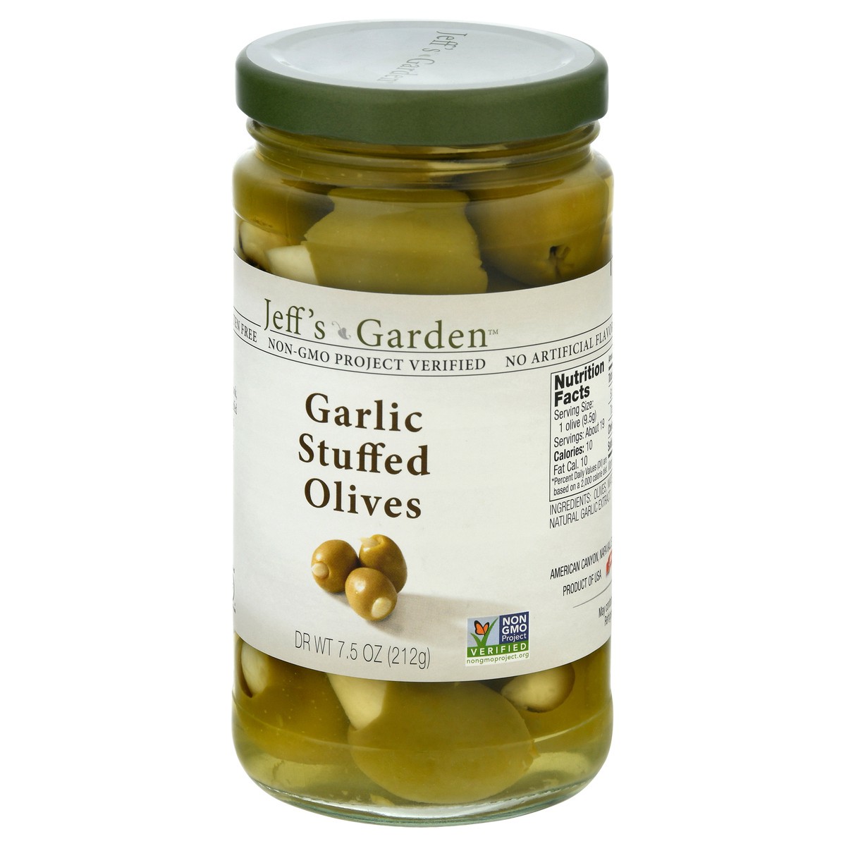 slide 4 of 9, Jeff's Garden Garlic Stuffed Olives, 7.5 oz Dr. Wt., 7.5 oz