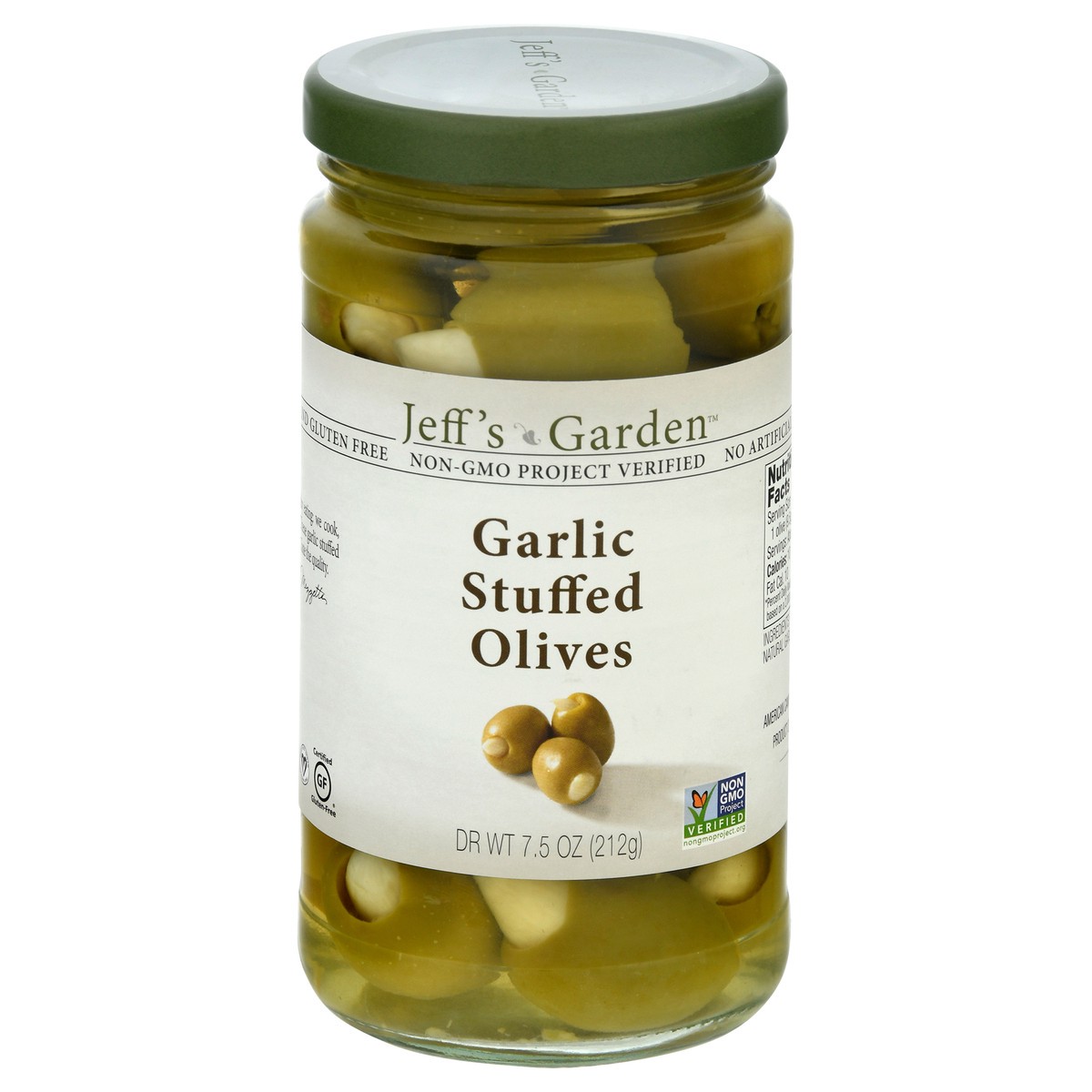 slide 1 of 9, Jeff's Garden Jeff's Naturals Garlic Stuffed Olives, 7.5 oz