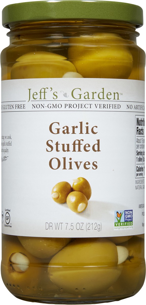 slide 3 of 9, Jeff's Garden Garlic Stuffed Olives, 7.5 oz Dr. Wt., 7.5 oz