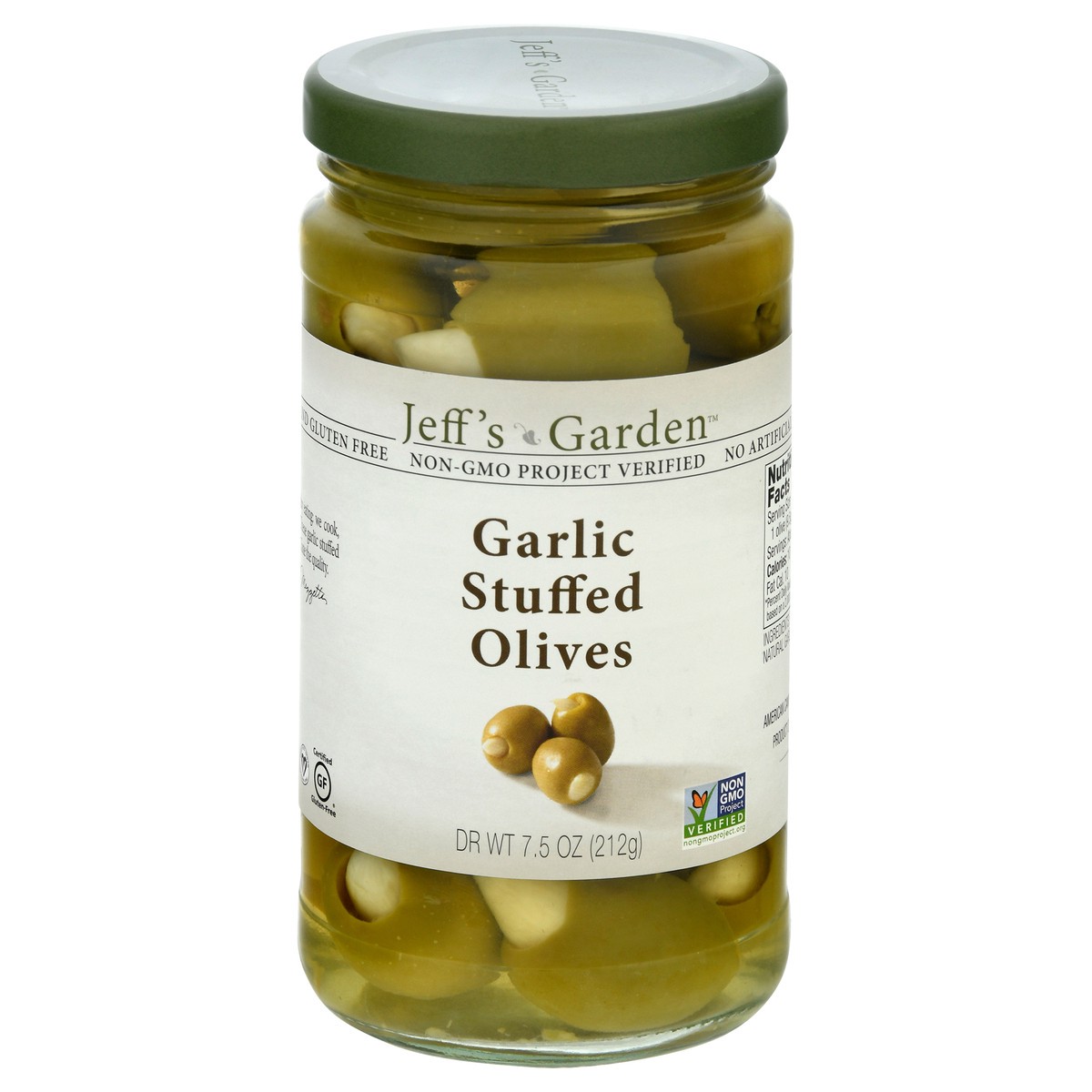 slide 1 of 9, Jeff's Garden Garlic Stuffed Olives, 7.5 oz Dr. Wt., 7.5 oz