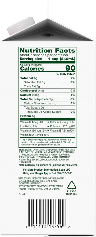 slide 3 of 3, Simple Truth Plant Based Non Dairy Unsweetened Oat Milk, 59 fl oz