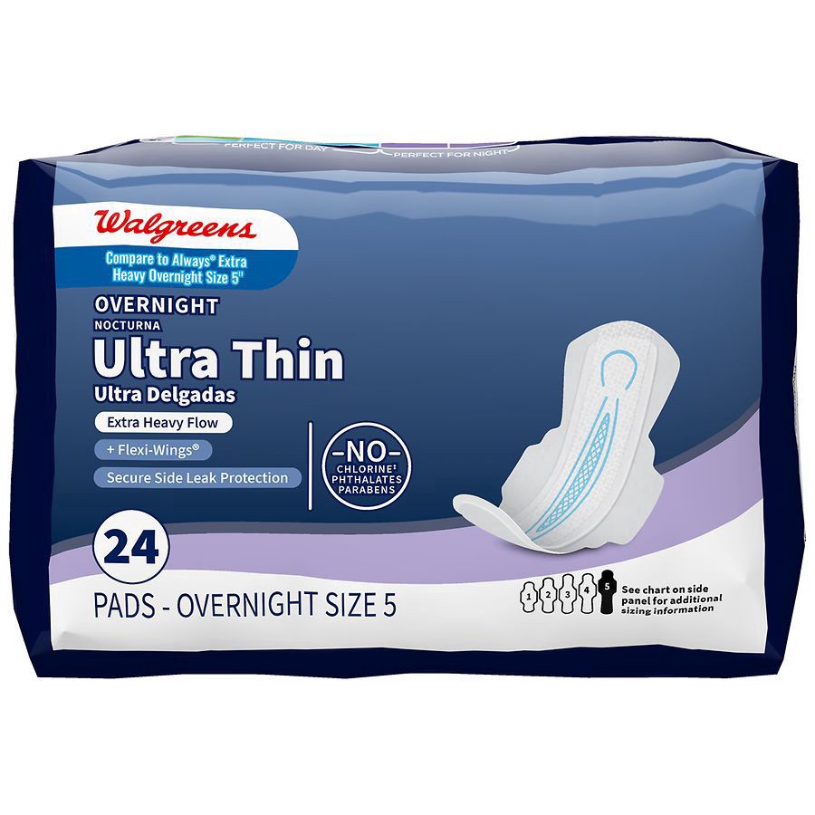 slide 1 of 4, Walgreens Overnight Ultra Thin Pads With Wings Size 5 (ct 24), 24 ct