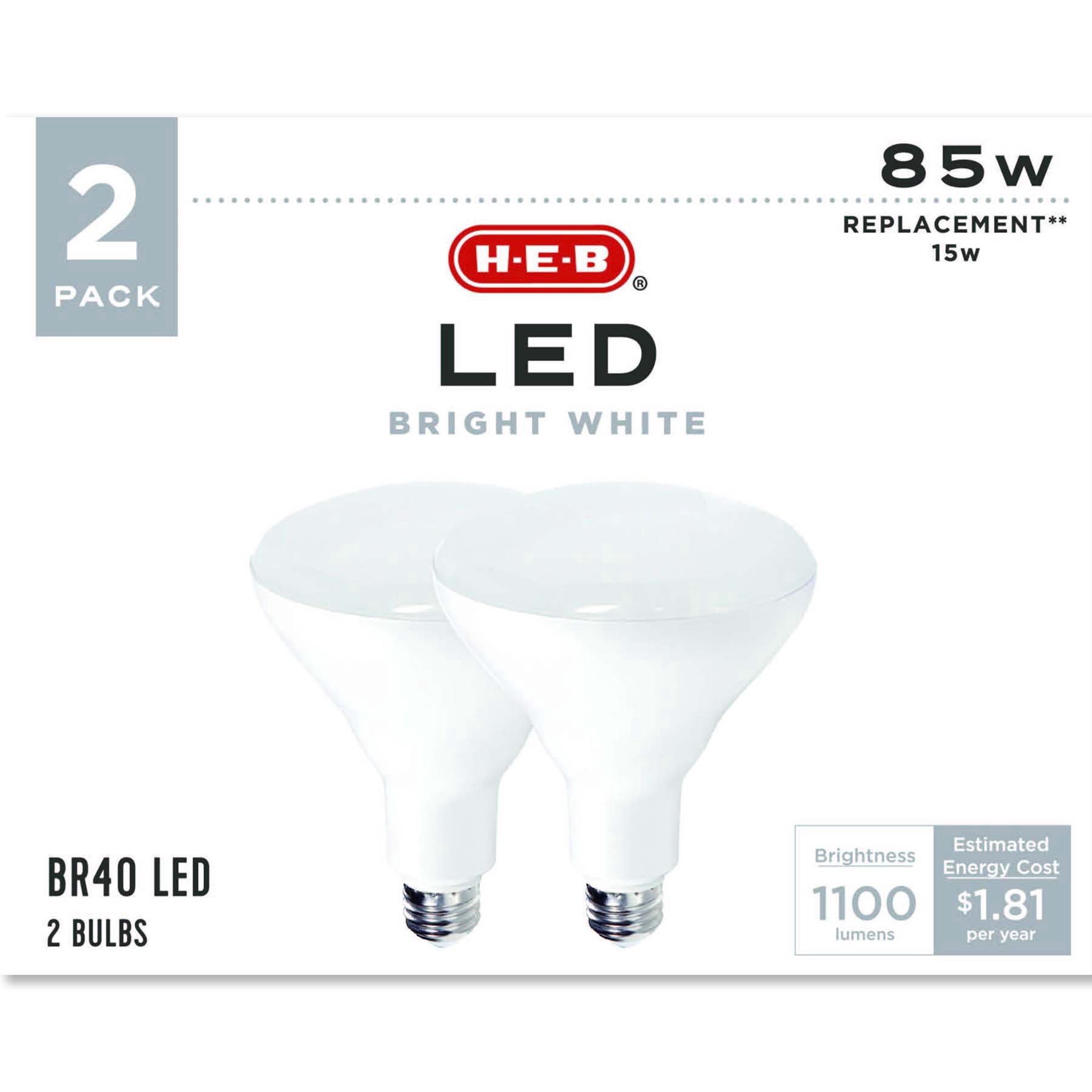 slide 1 of 1, H-E-B BR40 85-Watt Bright White LED Light Bulbs, 2 ct
