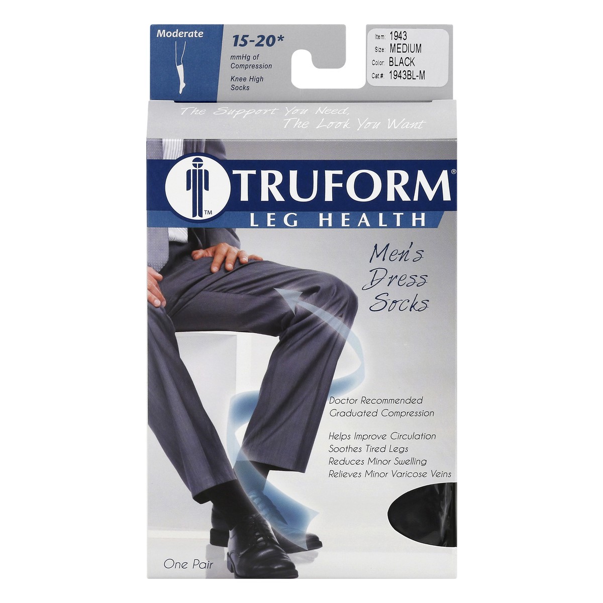 slide 1 of 11, TRUFORM Dress-Style Men's Socks Firm Support Black Medium, 1 pair