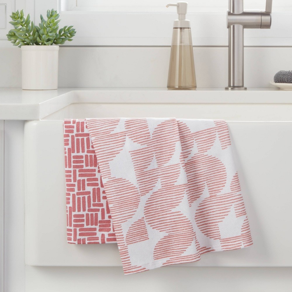 slide 2 of 3, 2pk Cotton Geometric Kitchen Towels Pink - Room Essentials, 2 ct