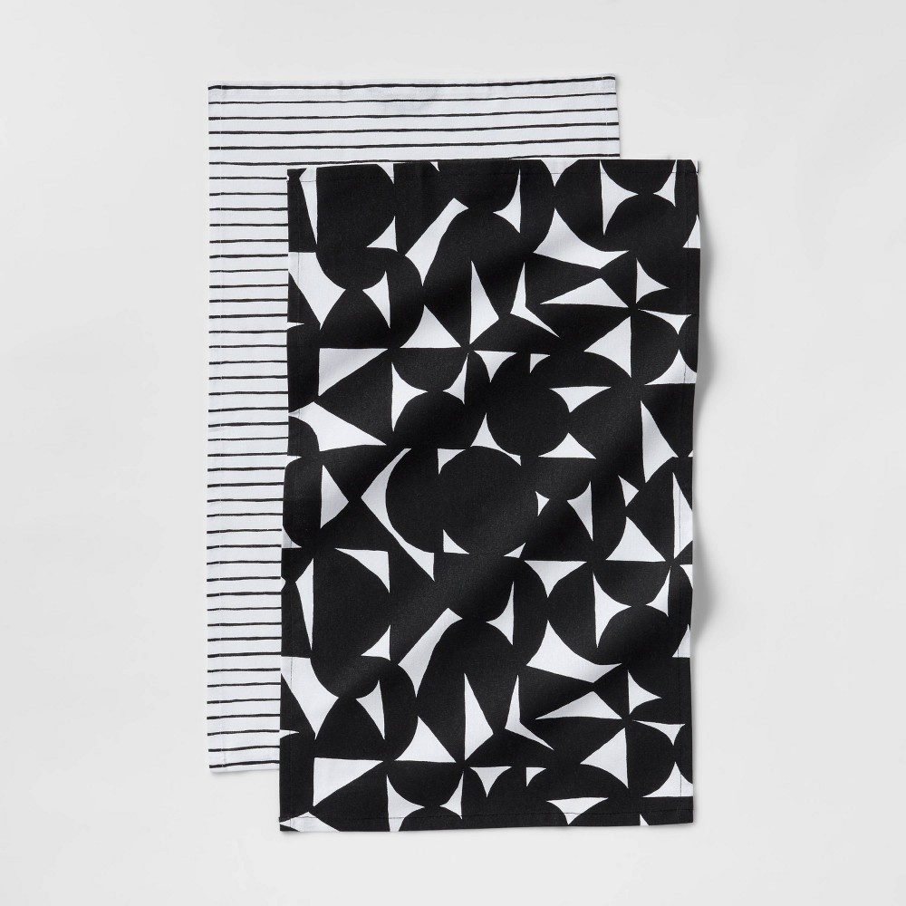 2pk Cotton Geometric Kitchen Towels Black - Room Essentials 2 ct