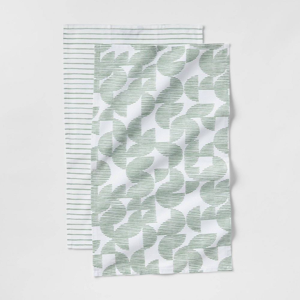 slide 3 of 3, 2pk Cotton Geometric Kitchen Towels Green - Room Essentials, 2 ct