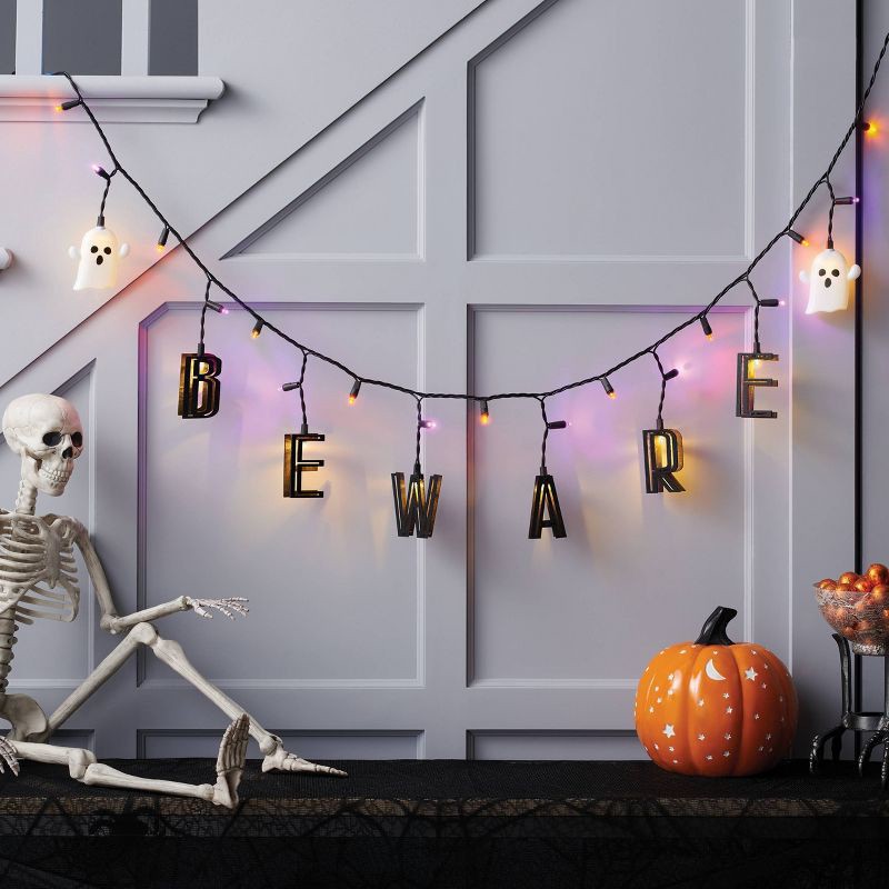 slide 2 of 3, 25ct LED "Beware" Halloween String Lights Orange/Purple/White - Hyde & EEK! Boutique™, 25 ct