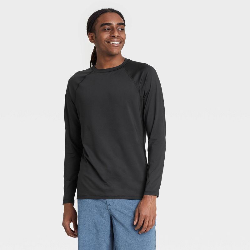 slide 1 of 3, Men's Long Sleeve Rash Guard Swim Shirt - Goodfellow & Co™ Black L: UPF 50+, Recycled Polyester, 1 ct