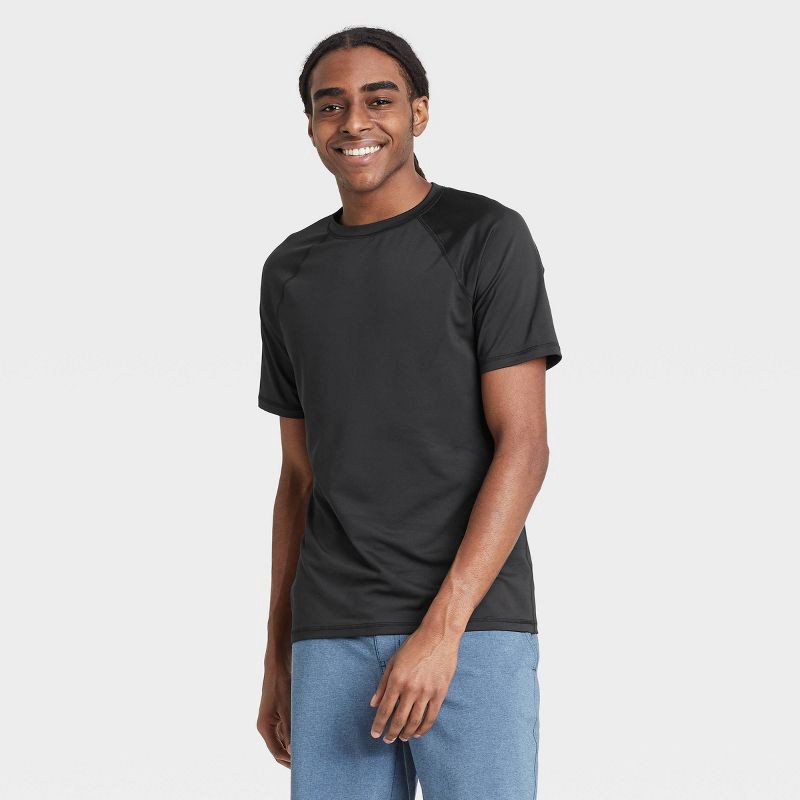 slide 1 of 3, Men's Short Sleeve Rash Guard Swim Shirt - Goodfellow & Co™ Black XXL: UPF 50+ Protection, Recycled Polyester Blend, 1 ct