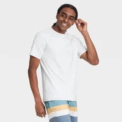 Men's Short Sleeve Rash Guard Swim Shirt - Goodfellow & Co™ White S: UPF 50+ Protection, Recycled Polyester, Spandex Blend