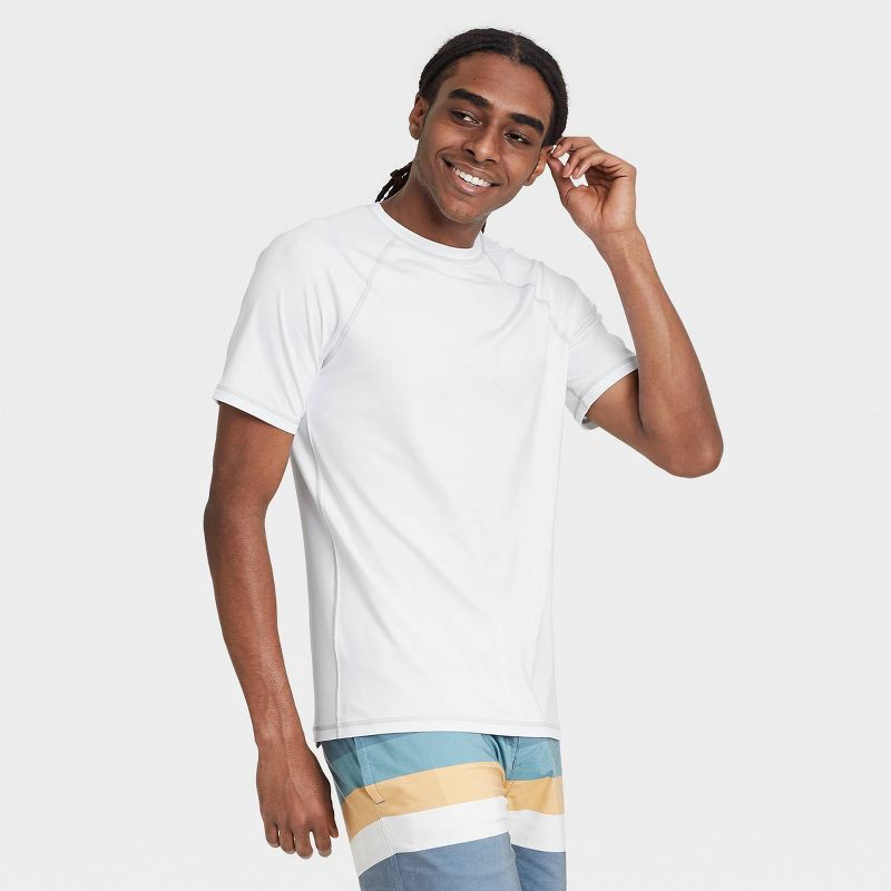 slide 1 of 3, Men's Short Sleeve Rash Guard Swim Shirt - Goodfellow & Co™ White XL: Recycled Polyester, Spandex, UPF 50+, Machine Washable, 1 ct