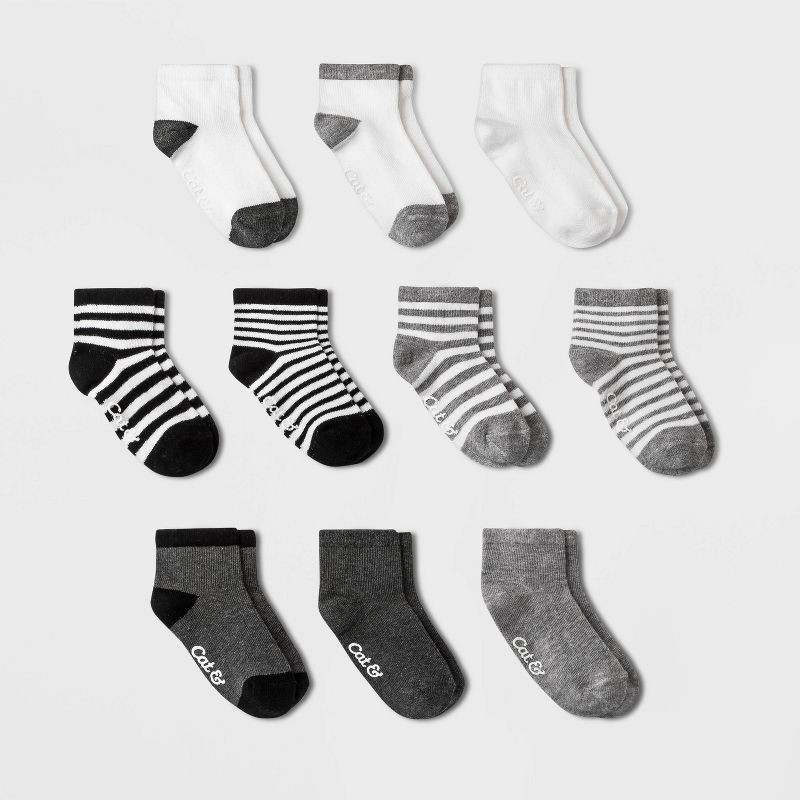 slide 1 of 1, Toddler Boys' 10pk Ankle Socks - Cat & Jack™ Black/Gray 2T-3T: Multi-Stripe Knit, Flat Seams, 10 ct