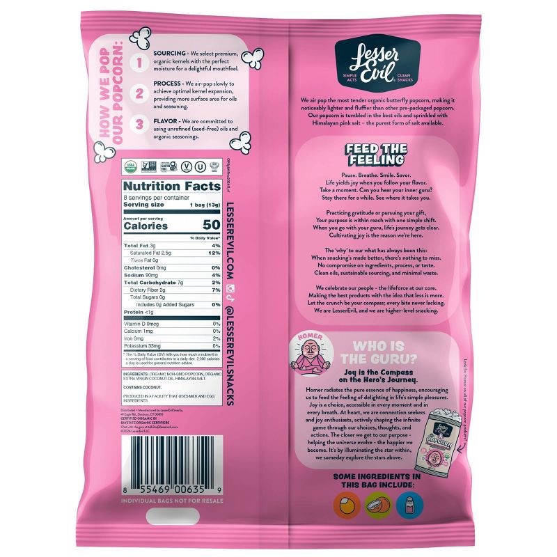 slide 3 of 4, LesserEvil Organic Popcorn, Snack Pack, Himalayan Pink - 8ct / 3.68oz, 8 ct, 3.68 oz