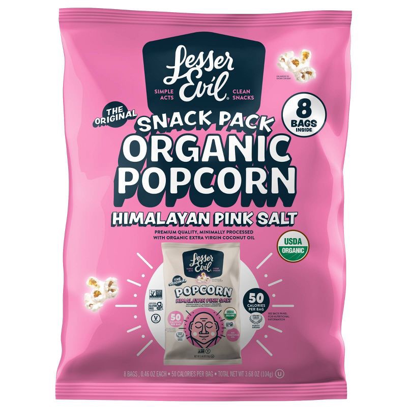 slide 1 of 4, LesserEvil Organic Popcorn, Snack Pack, Himalayan Pink - 8ct / 3.68oz, 8 ct, 3.68 oz