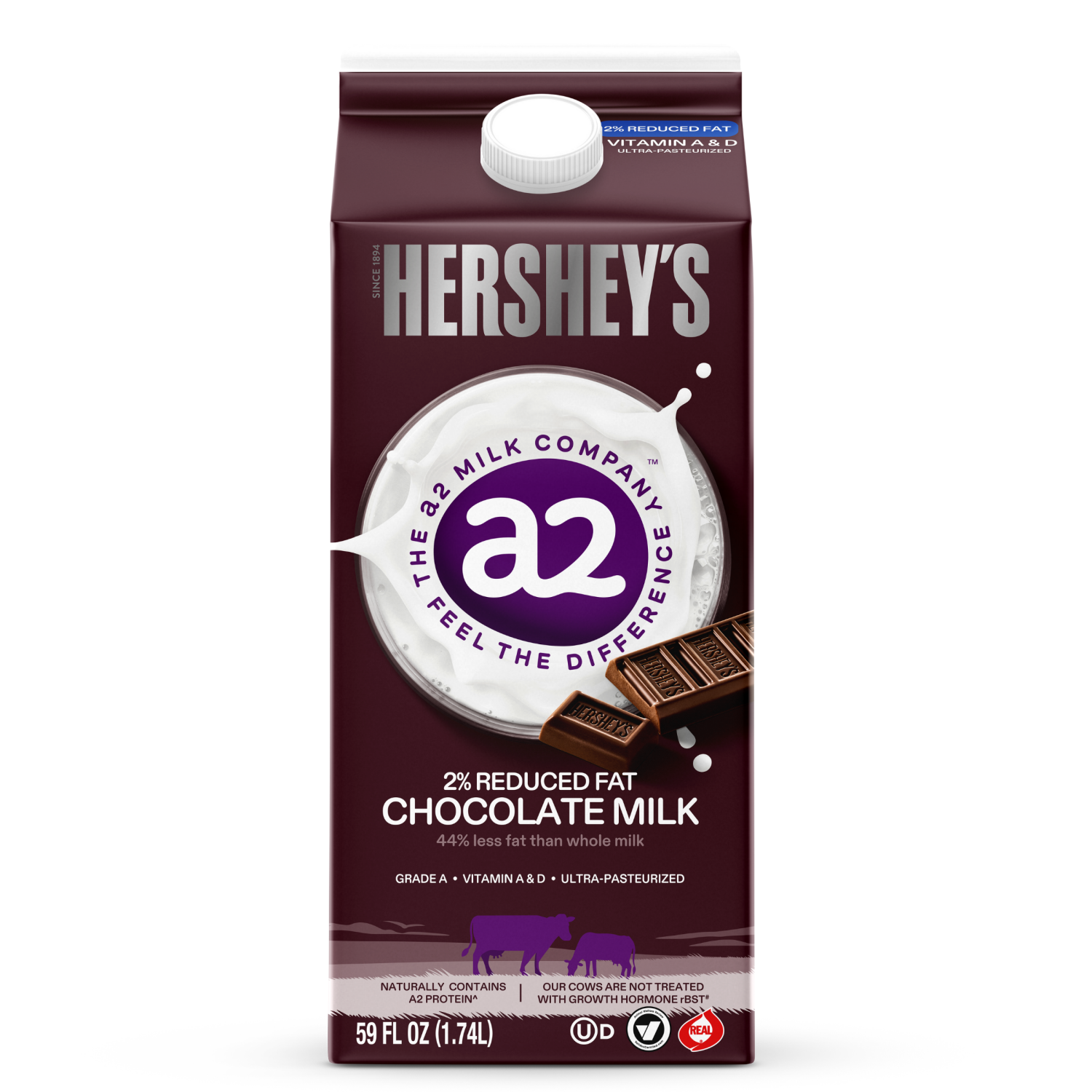 slide 1 of 4, A2 Milk HERSHEY'S Chocolate 2% Reduced Fat Milk, 59 fl oz