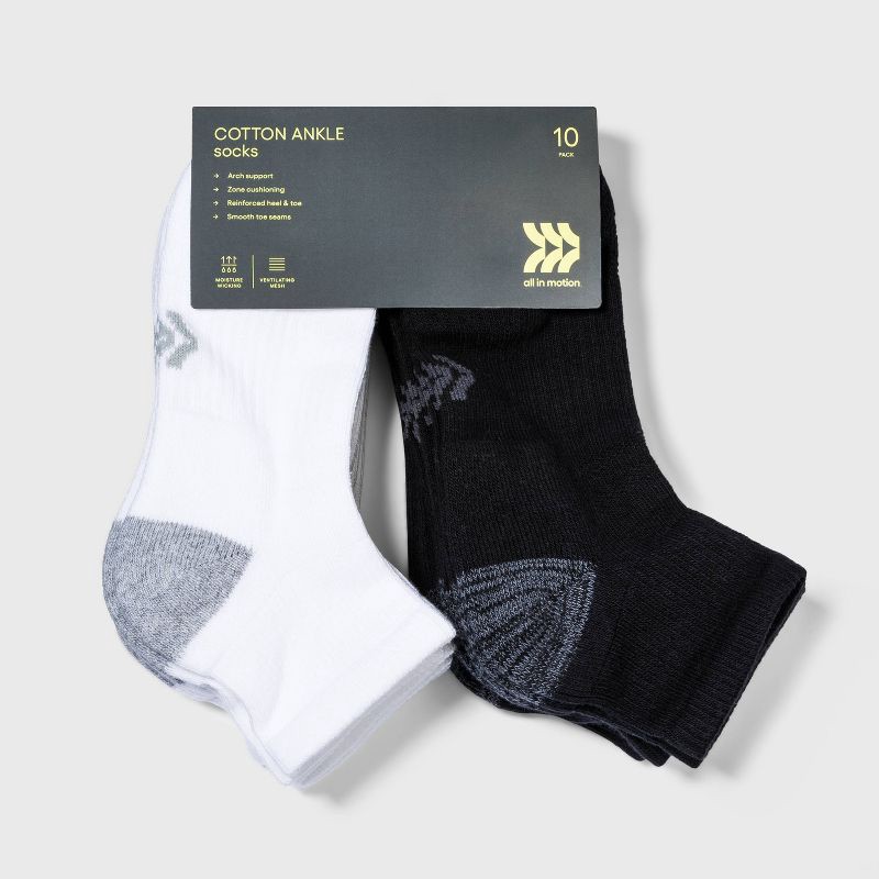 slide 2 of 3, Women's Cushioned 10pk Ankle Socks - All In Motion™ White/Black 4-10: Moisture Wicking, Arch Support, 10 ct