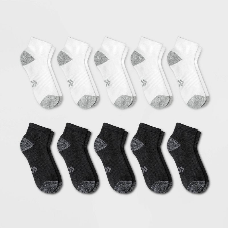 slide 1 of 3, Women's Cushioned 10pk Ankle Socks - All In Motion™ White/Black 4-10: Moisture Wicking, Arch Support, 10 ct