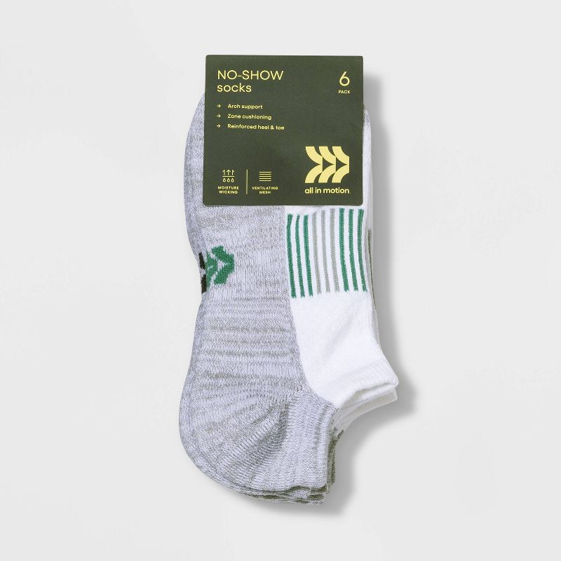 slide 2 of 3, Women's Finish Line Striped Cushioned 6pk No Show Socks - All In Motion™ White 4-10: Moisture Wicking, Reinforced Toe, 6 ct