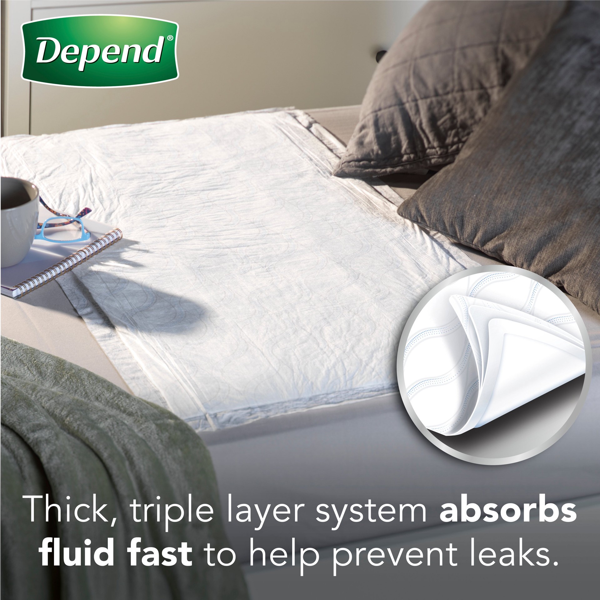 slide 5 of 5, Depend Night Defense Underpads - Disposable Incontinence Bed Pads, Triple Layer Absorbency for Adults, Slip Resistant, 36" x 21", 12 Count, 12 ct