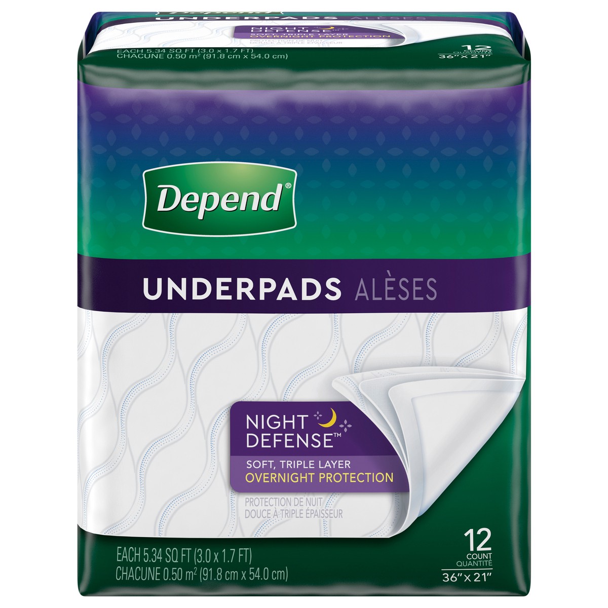 slide 1 of 5, Depend Night Defense Underpads - Disposable Incontinence Bed Pads, Triple Layer Absorbency for Adults, Slip Resistant, 36" x 21", 12 Count, 12 ct