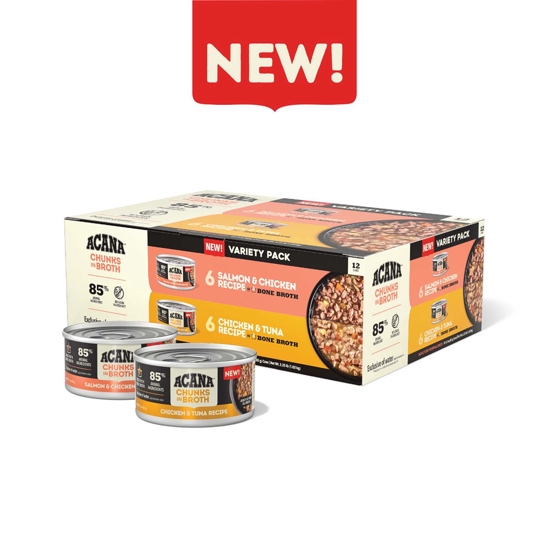 slide 1 of 1, ACANA Chunks in Broth Variety 12 Pack: Salmon & Chicken Recipe (6) + Chicken & Tuna Recipe (6), 3oz, 36 oz