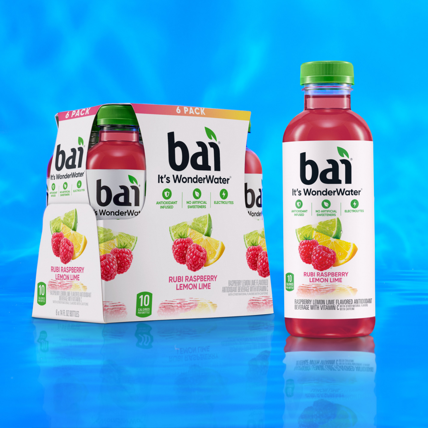 slide 4 of 8, Bai Antioxidant Infused Water Beverage, Raspberry Lemon Lime, 14 fl oz Bottles, 6 Pack, 6 ct; 14 oz