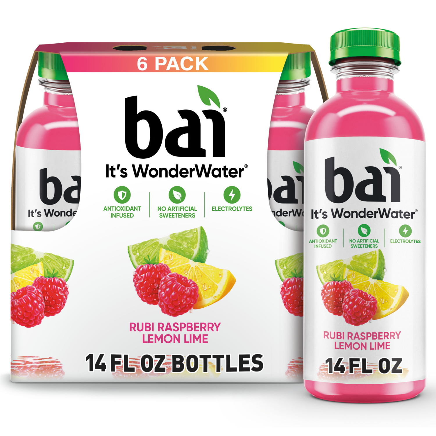 slide 1 of 8, Bai Antioxidant Infused Water Beverage, Raspberry Lemon Lime, 14 fl oz Bottles, 6 Pack, 6 ct; 14 oz