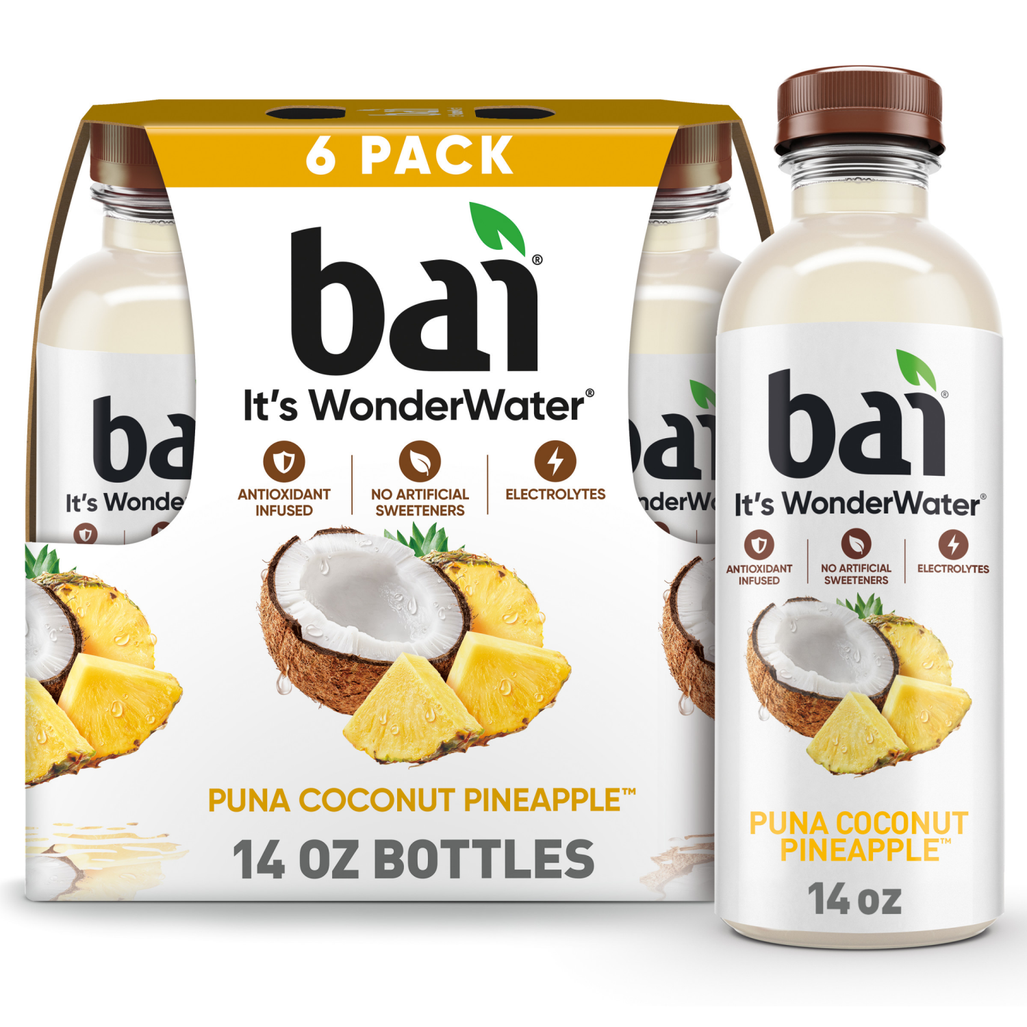 slide 1 of 4, Bai Coconut Flavored Water, Puna Coconut Pineapple, Antioxidant Infused Beverage, 14 fl oz Bottles, 6 Pack, 6 ct